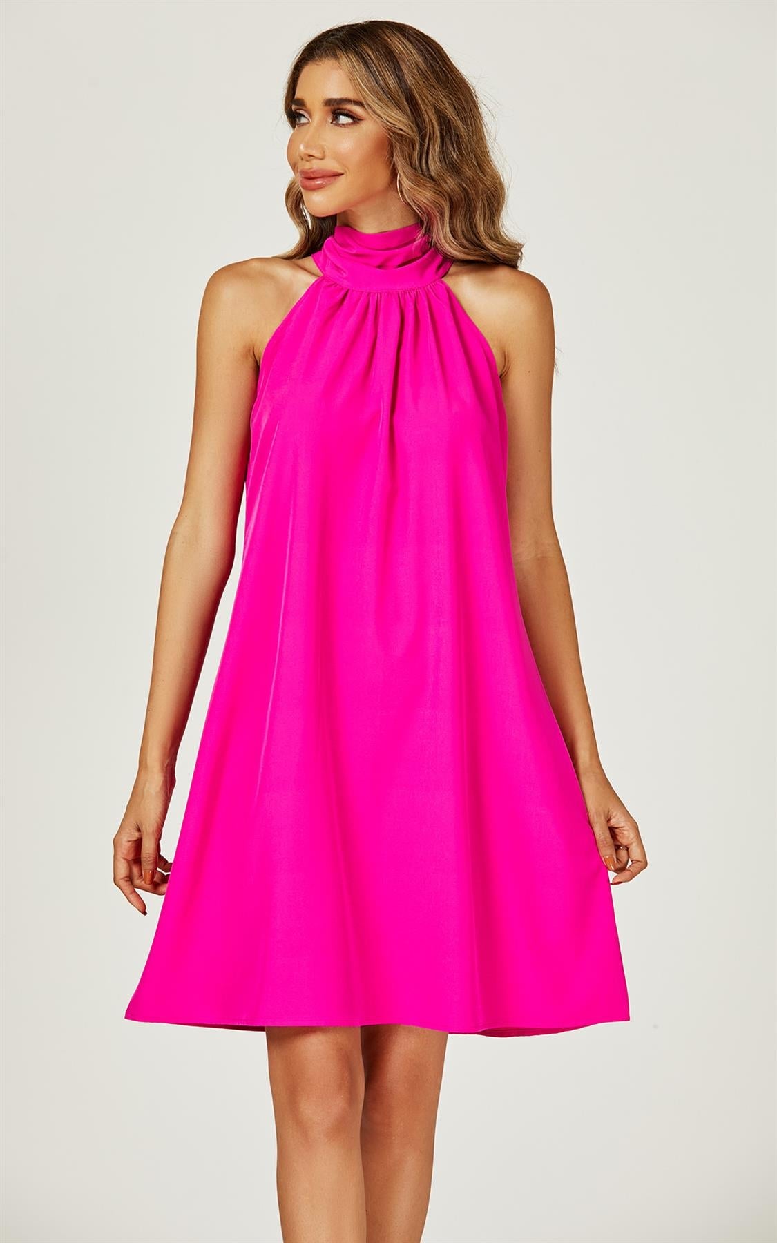Halter Neck Tie Back Mini Dress In Magenta