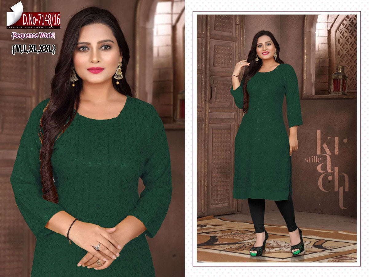 Women Bottle Green Embroidered with Sequence Chikankari Straight Kurta Namma Markt