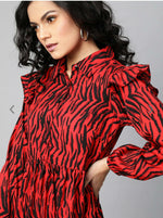 Fiery Red and Black Animal Printed A-Line Dress