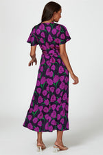 Floral Print Satin Wrap Maxi Dress In Magenta