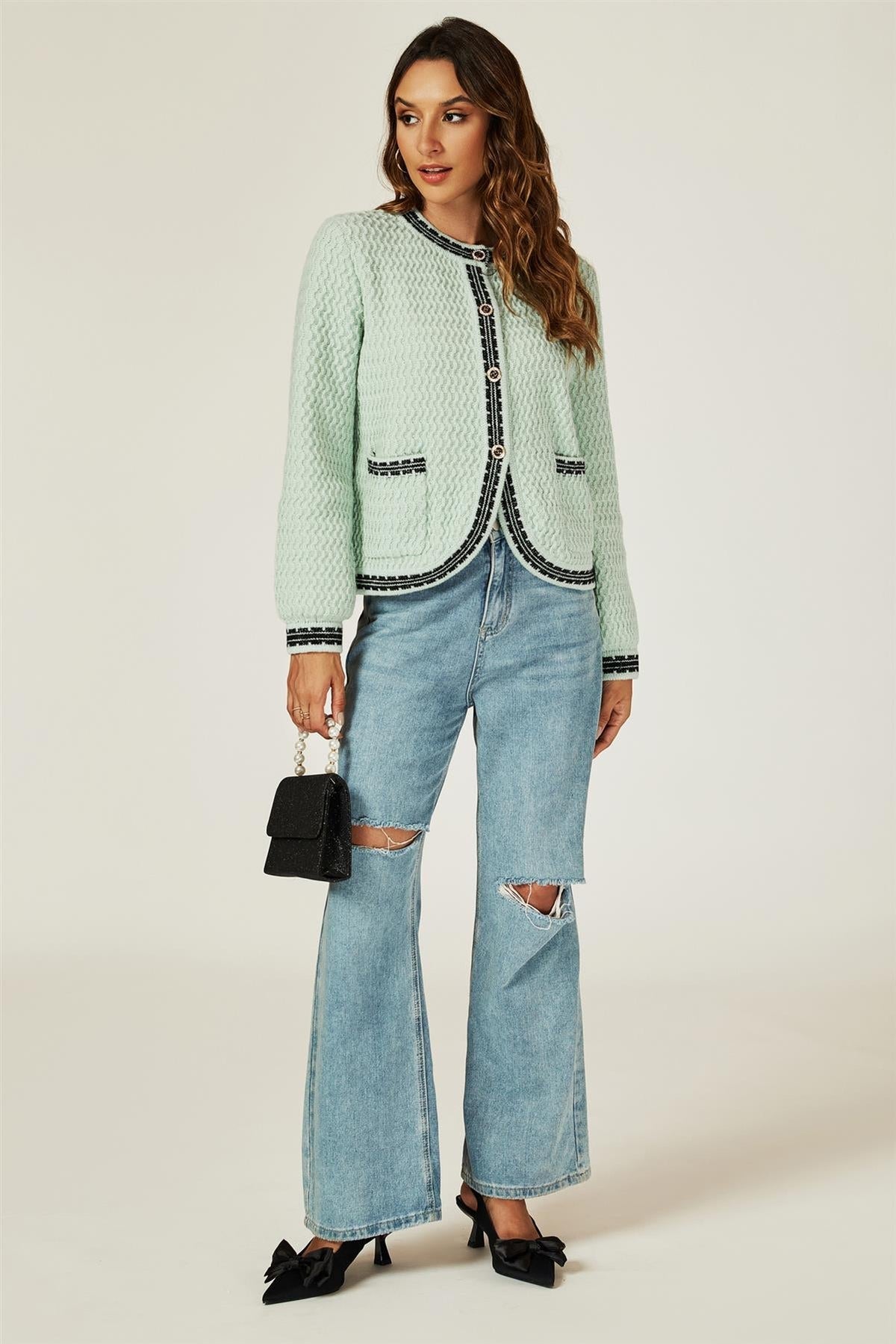 Pocket Knit Cardigan In Grey Green