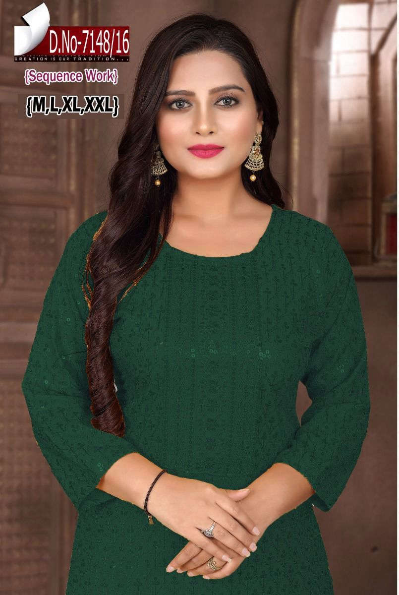 Women Bottle Green Embroidered with Sequence Chikankari Straight Kurta Namma Markt