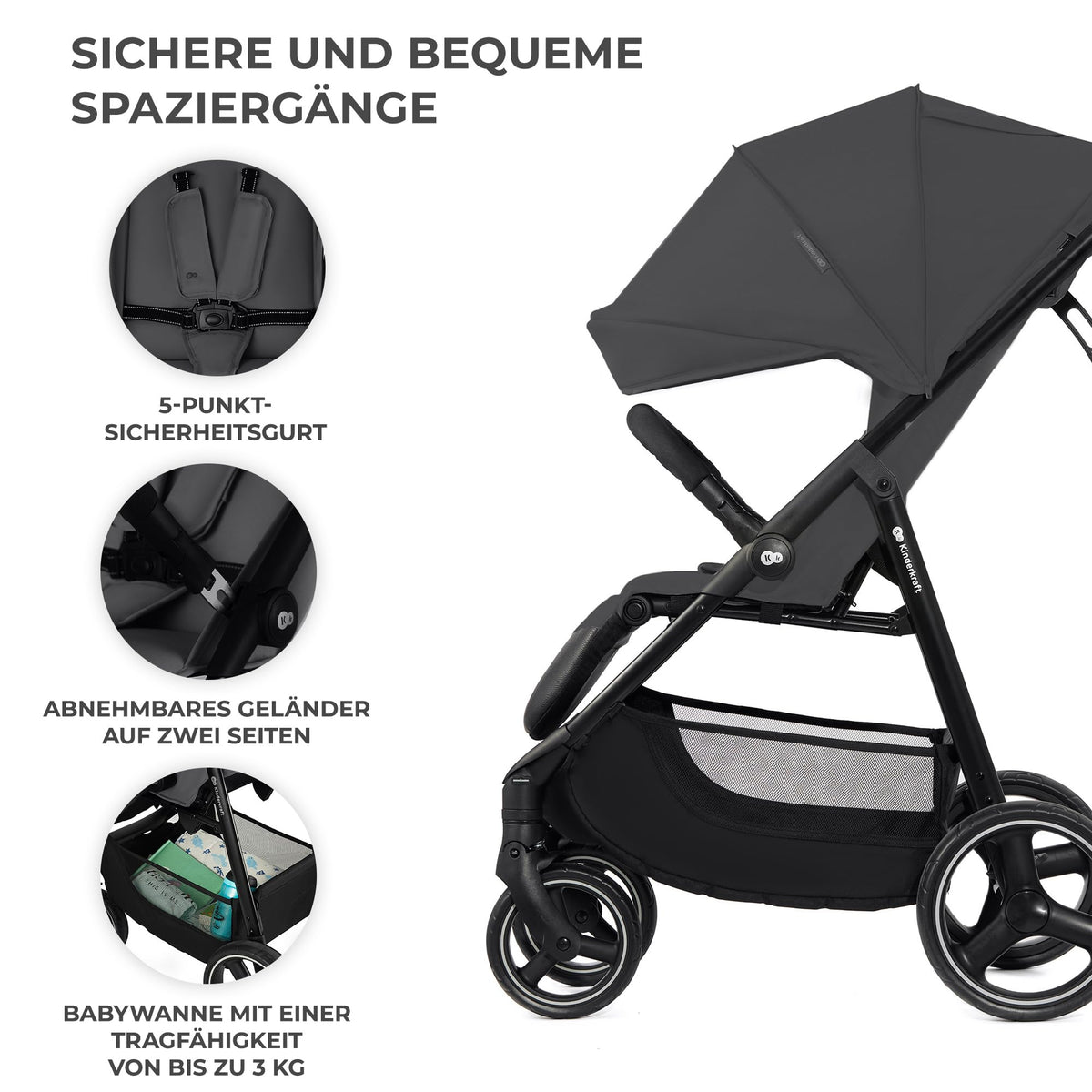 Kinderkraft TRIG 3 Kinderwagen, Kinderbuggy, Liegewagen, Sportwagen, Buggy, Zusammenklappen, Breite und tiefe Sitz, mit Liegeposition, 4 Rad Dämpfung, Große Dach, 5-Punkt-Gurt, bis zu 25 kg, Beige