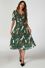 Leaf Print Mesh Midi Dress In Green