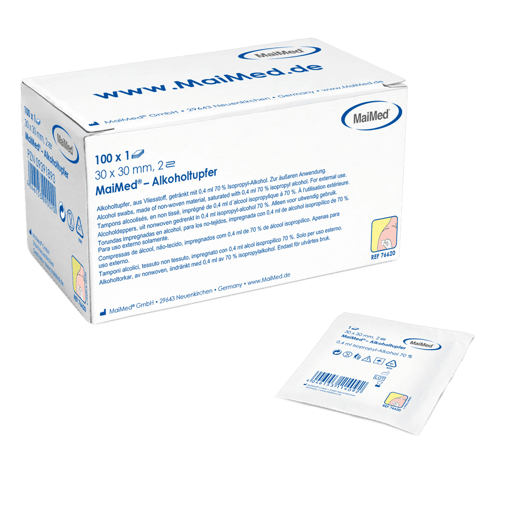 MaiMed Alkoholtupfer 30 x 30 mm weiß Vliesstoff zweilagig | Box (100 Stück) Namma Markt