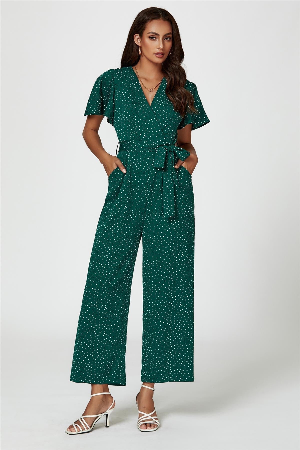 Dot Print Wrap Top Jumpsuit In Green