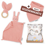 Baby Geschenkset Rosa – Schmusetuch Hase, Holz-Beißring & Halstuch | Musselin