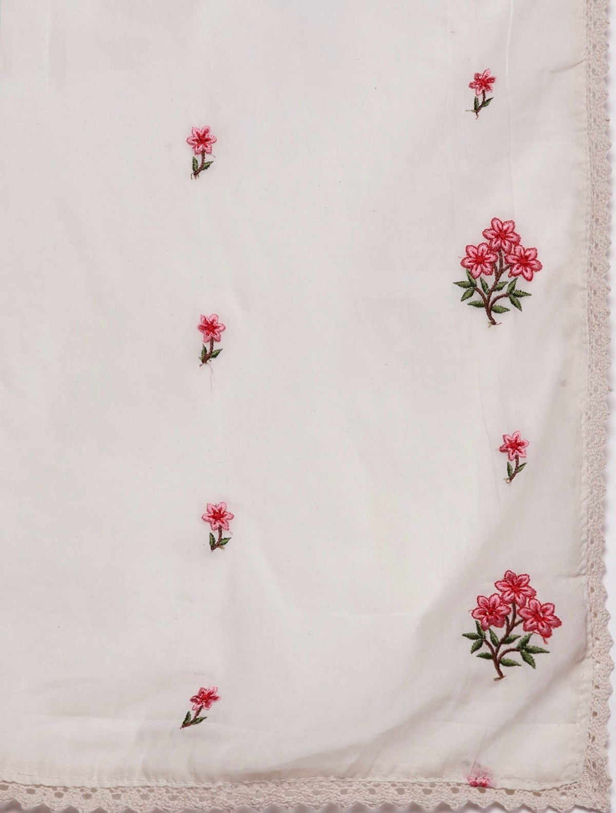Off White & Pink Cotton Floral Thread Work Kurta with Palazzos & Dupatta