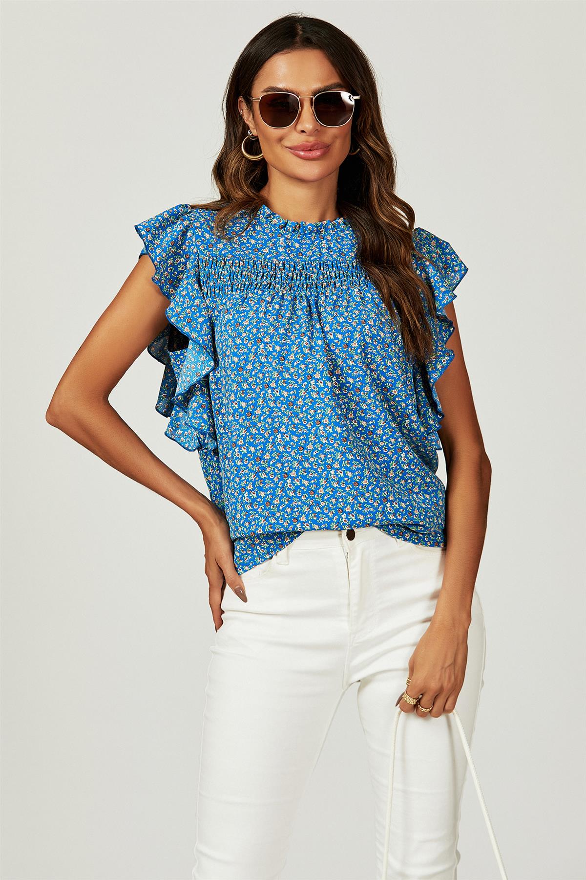Floral Print Frill Hem Short Sleeve Blouse Top In Blue