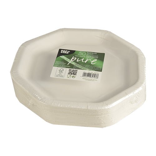 PAPSTAR Teller "pure" 8-eckig, 23,5 cm, weiß, ideal für Feste | Schrumpffolie (50 Stück)