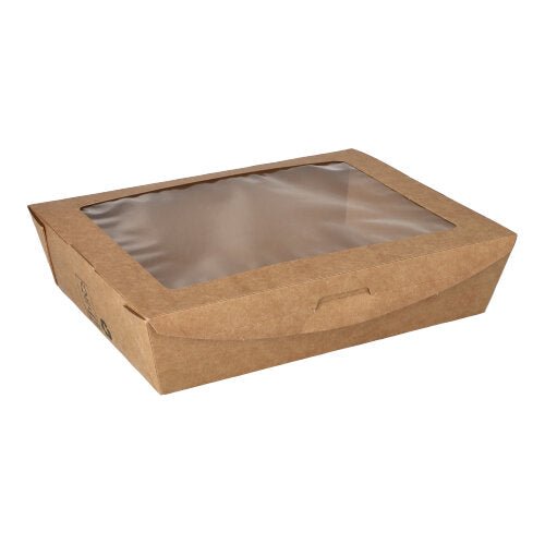 PAPSTAR 40 Feinkostboxen, Pappe mit Sichtfenster aus PLA "pure" eckig braun "100% Fair"