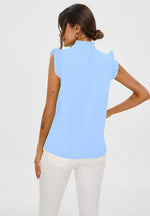Frill Trim Sleeve High Neck Blouse Top In Light Blue