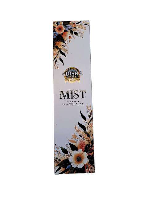 Elegant white box of Adisha Agarbatti Mist 30g with floral design, long-lasting incense sticks for pooja, meditation, and relaxation.
