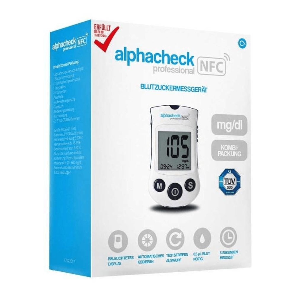 Alphacheck Professional NFC Blutzuckermessgerät Kombipackung | Packung (1 Stück)
