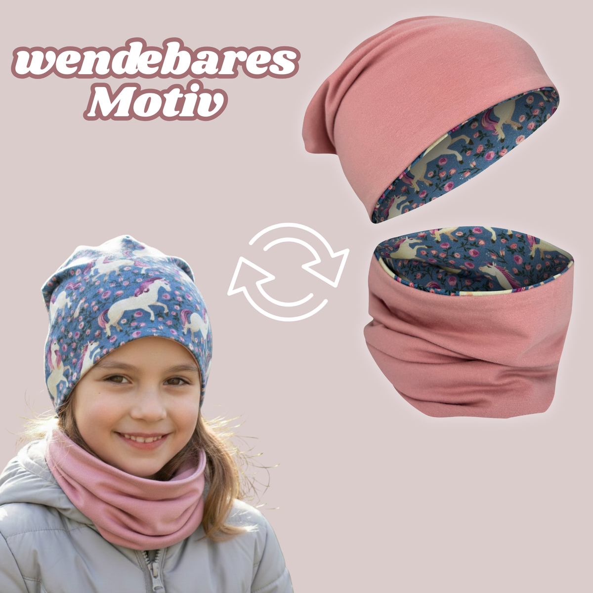 Kinder Beanie Mütze & Loop Set - Pferd