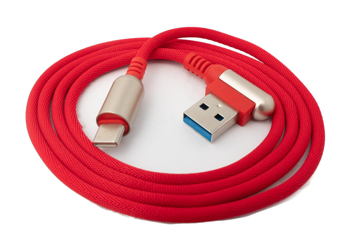 USB 3.1 Kabel 100cm Typ C Stecker zu 3.0 Typ A Stecker geflochten Winkel in Rot | System-S