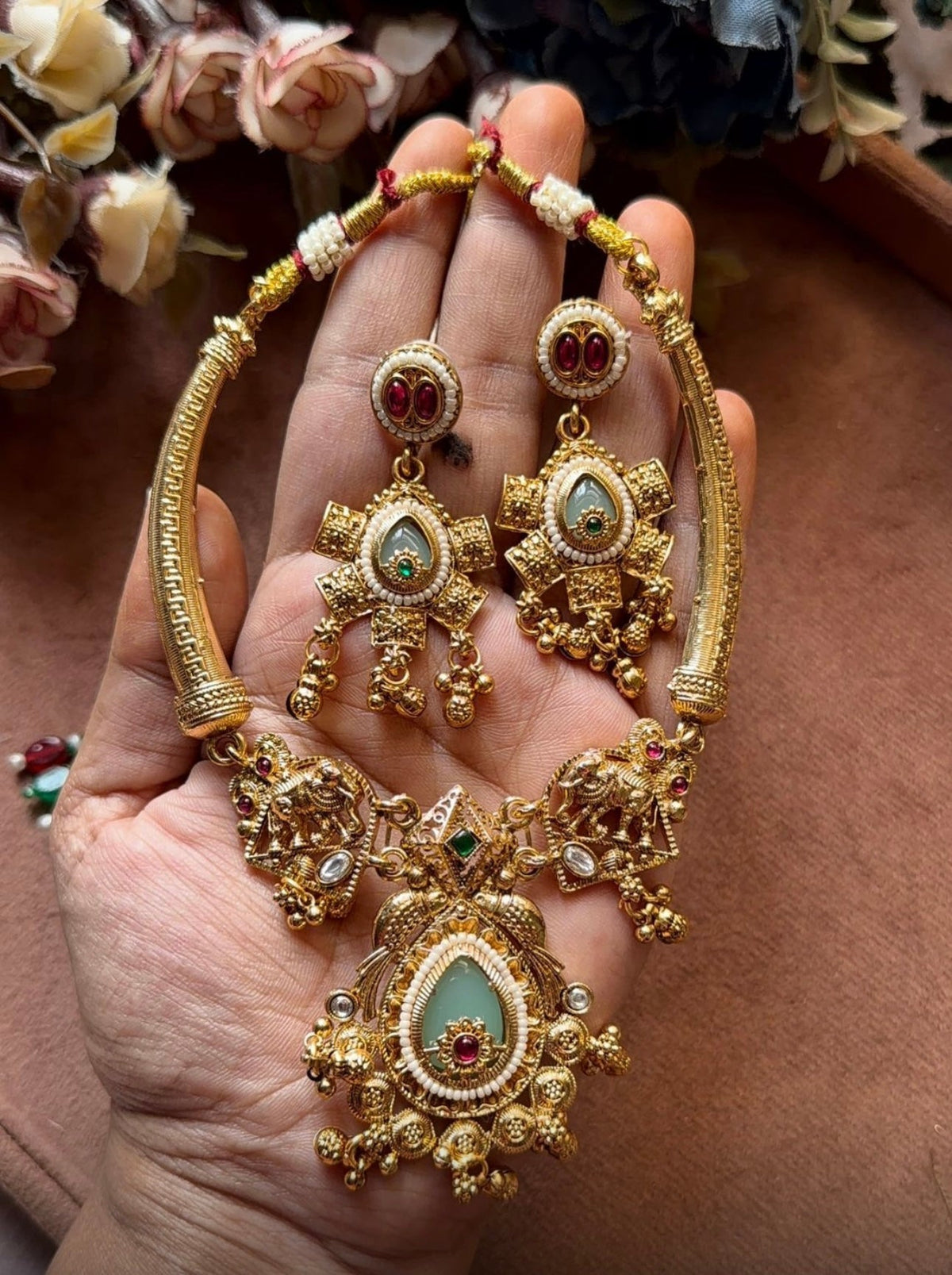 Traditional Antique Gold Plated Choker Jewelry Set for Women in Germany (Onam Special)