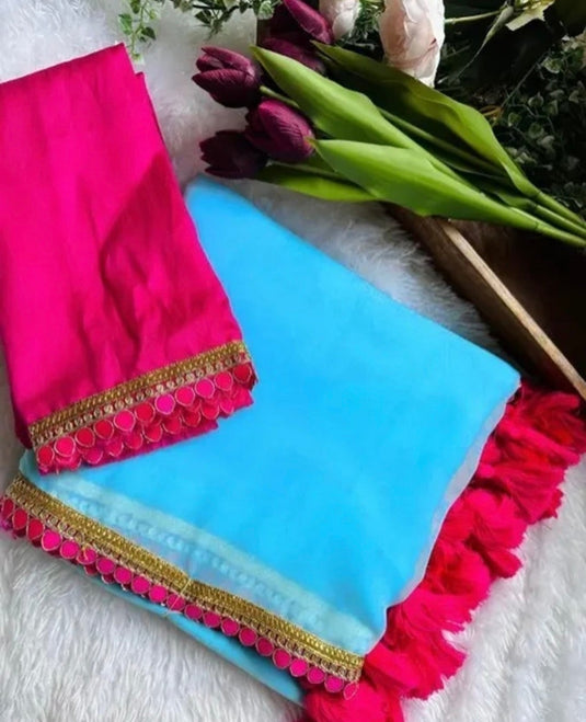 Dream Crushers Womens New Latest Party Fancy Soft Georgette Lace Work Embellished Saree with Unstitched Contrast Blouse