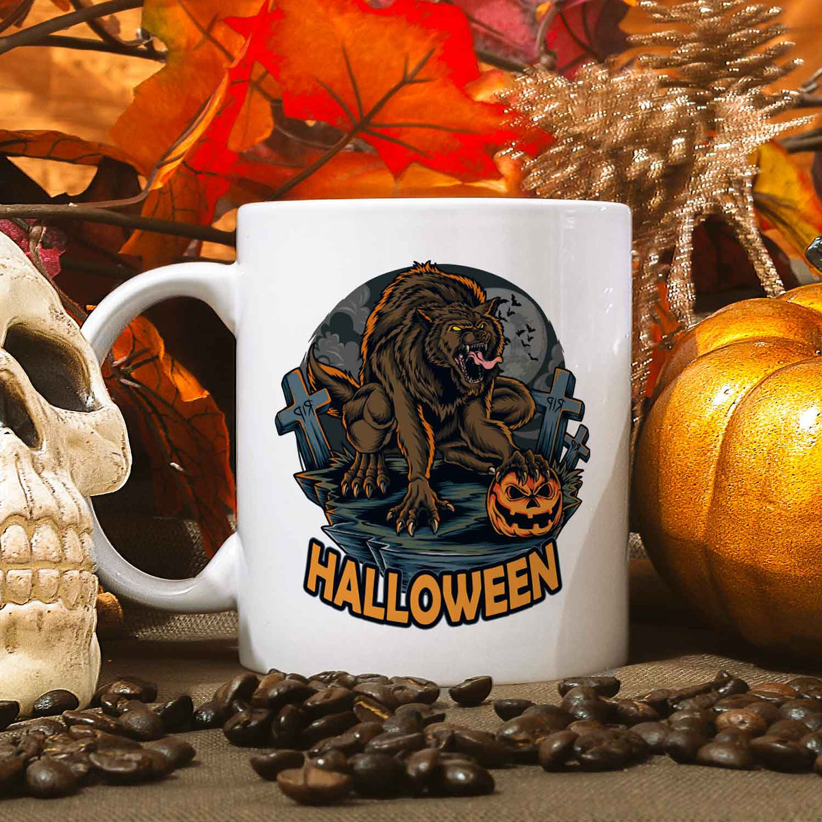 Bedruckte Tasse mit Motiv im Halloween Werwolf Design