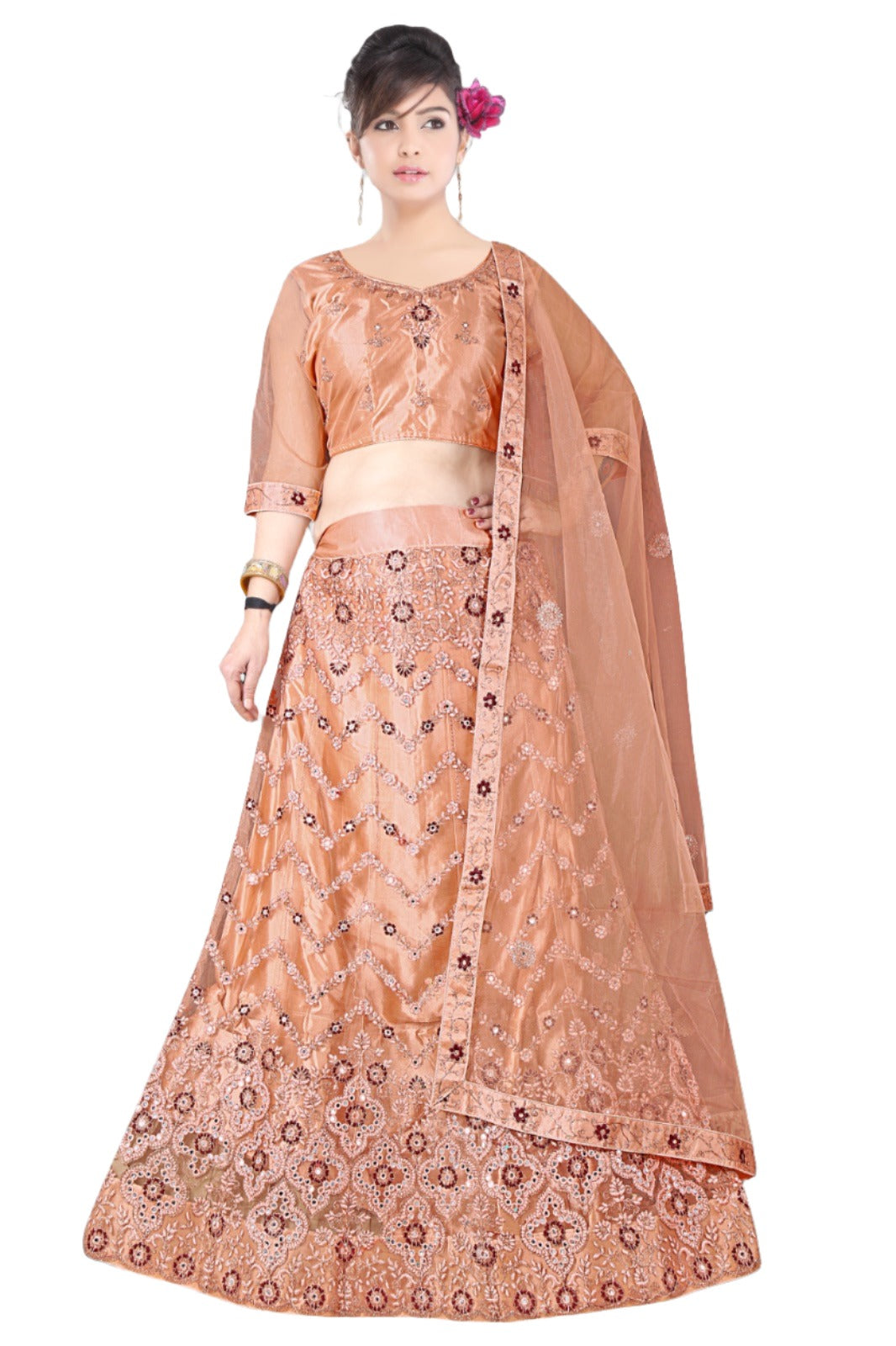 Tittle:- Complete Stitched Embroidered Lehenga Choli In Germany (Peach)/Bridal Lehenga In Germany