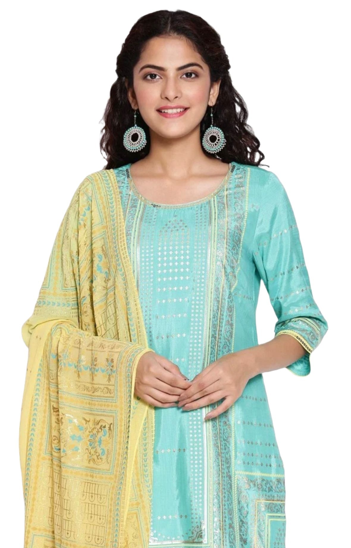 Mint leaf Green kurta yellow semi flared plazzo dupatta set in Germany