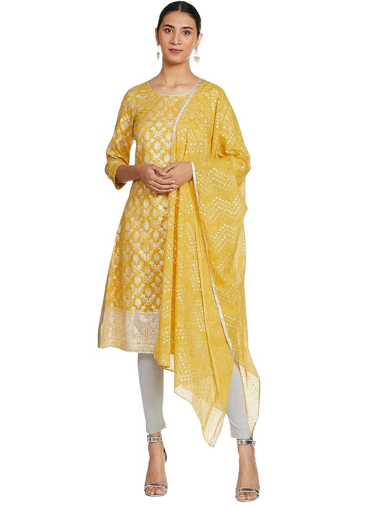 Yellow foil Print kurta in round neck and dupatta set in Poland Namma Markt