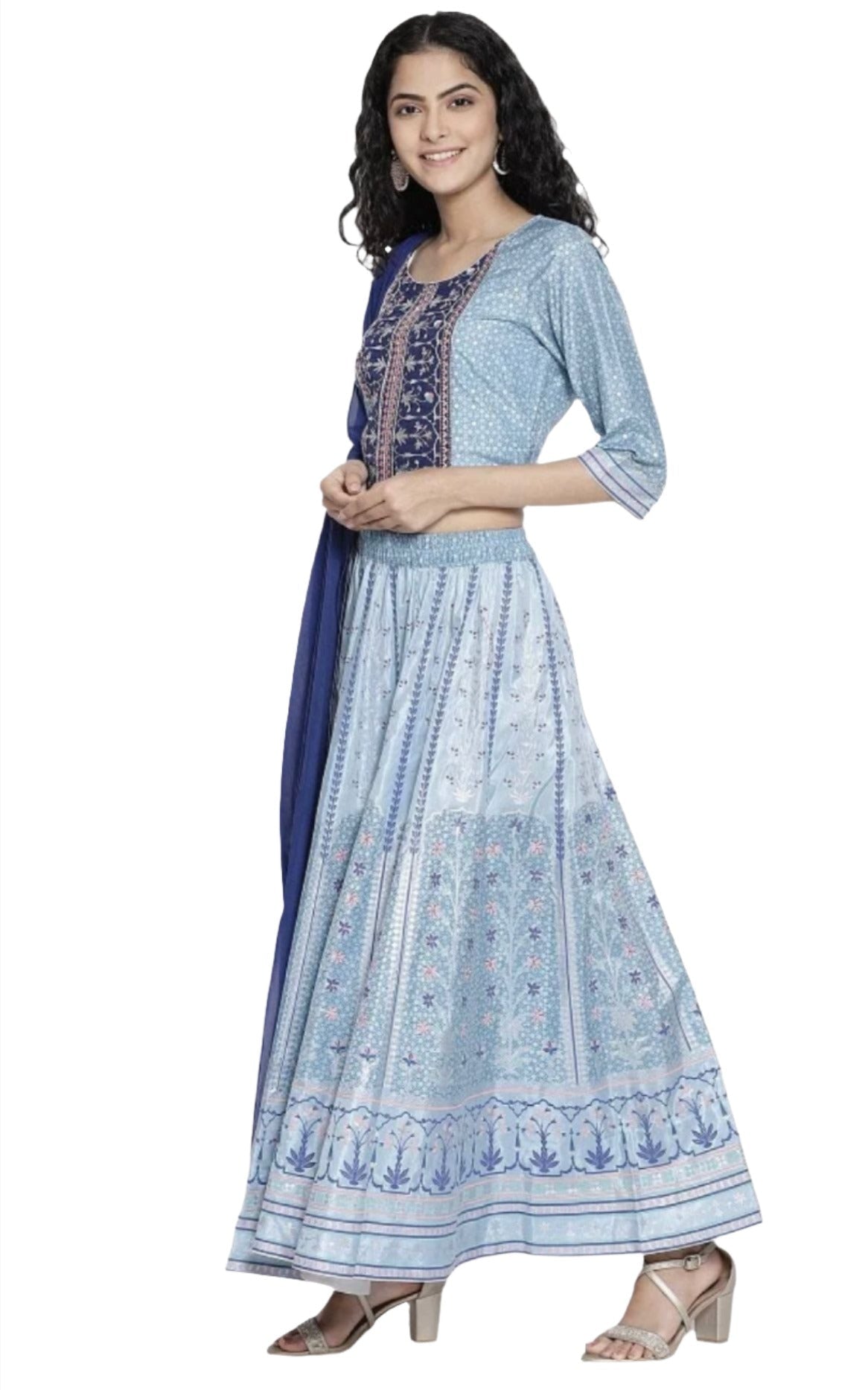 Blue Printed crop Top skirt dupatta set in berlin