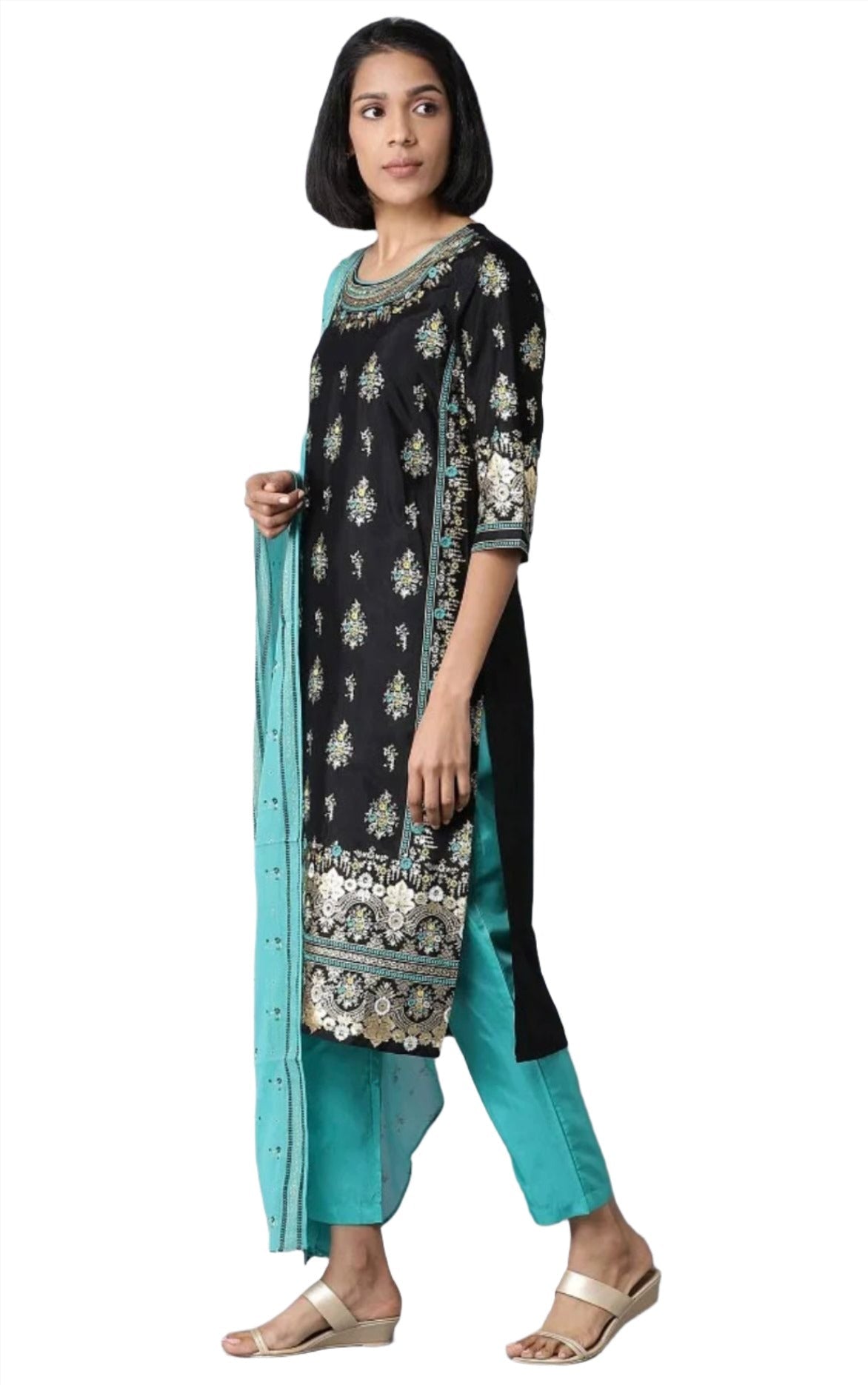 Black Printed Kurta trousers dupatta set in Berlin