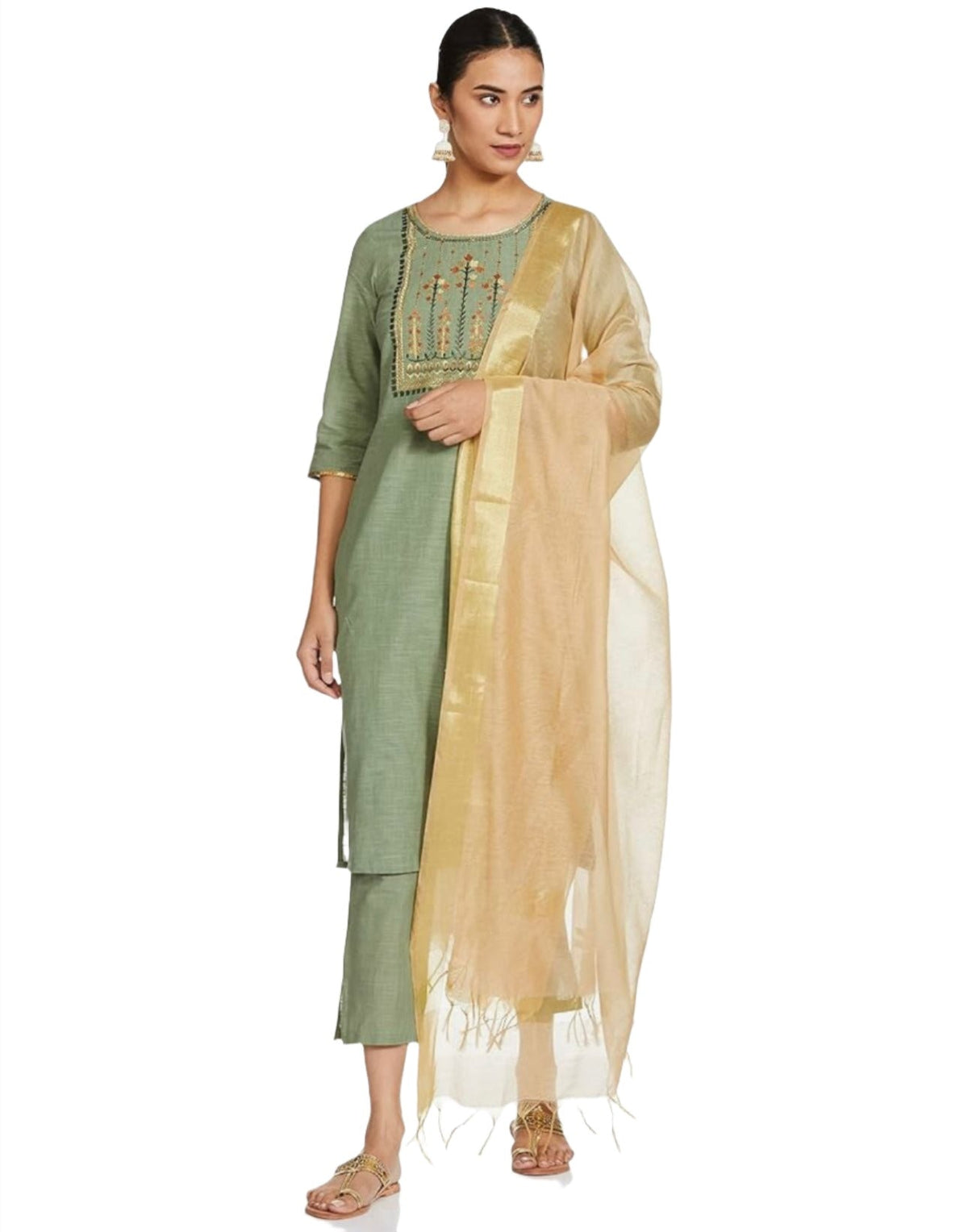 Cotton Green solid Round neck straight kurta set Germany
