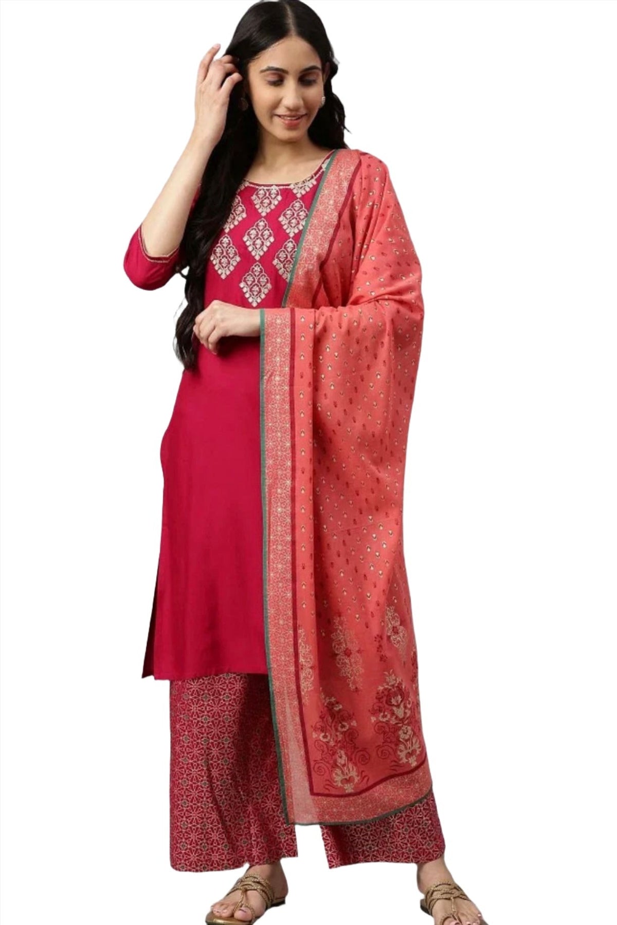 Red embroided kurta plazo coral dupatta set in berlin
