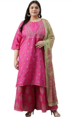 Pink Printed kurta with culottes and Green dupatta set in Poland