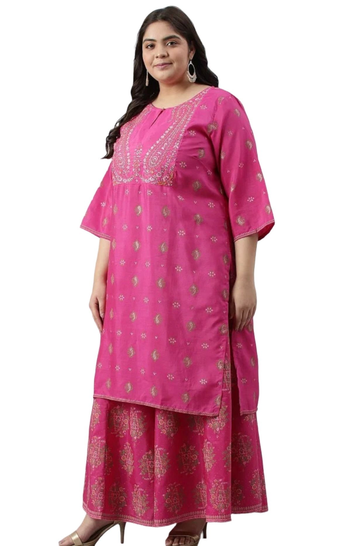 Pink Printed kurta with culottes and Green dupatta set in Poland