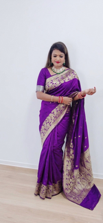 Royal Purple Banarasi Silk Saree with Traditional Zari Border in Germany