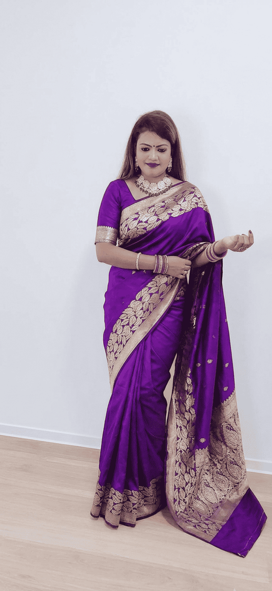 Royal Purple Banarasi Silk Saree with Traditional Zari Border in Germany