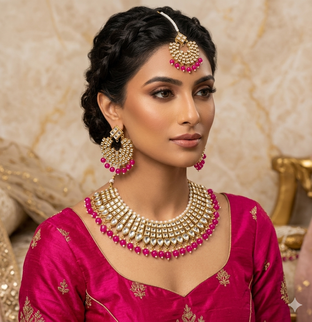 Gold Plated Kundan Studded Choker Necklace Earrings & Maang Tikka Set