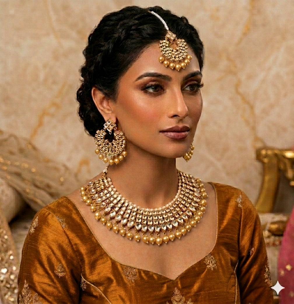 Gold Plated Kundan Studded Choker Necklace Earrings & Maang Tikka Set