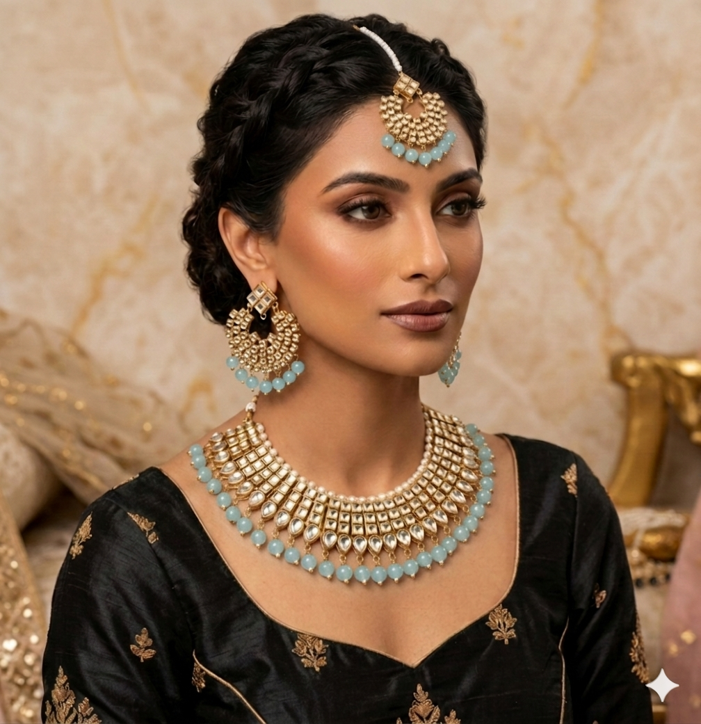 Gold Plated Kundan Studded Choker Necklace Earrings & Maang Tikka Set