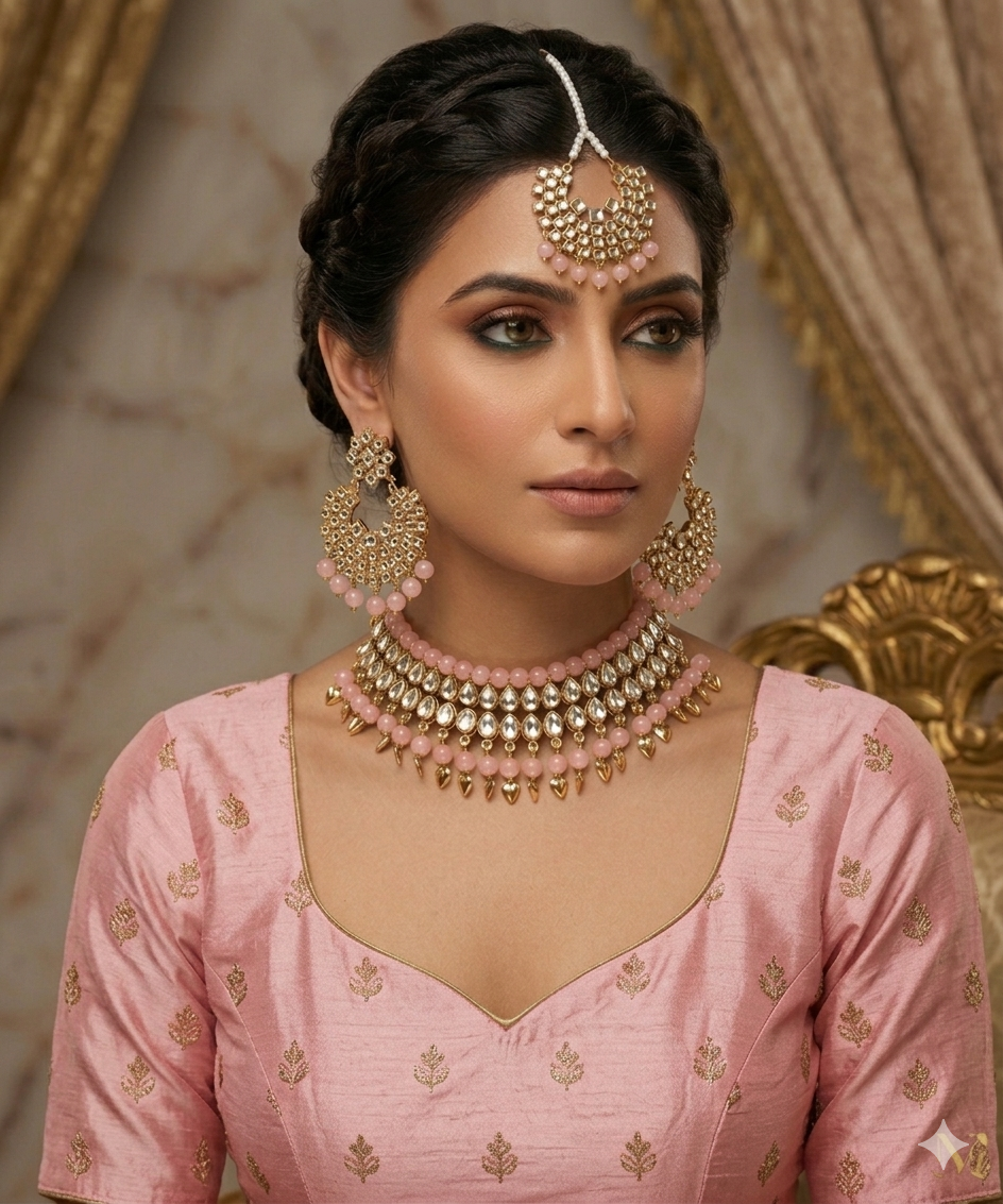 Gold Plated Kundan Studded Choker Necklace Earrings & Maang Tikka Set