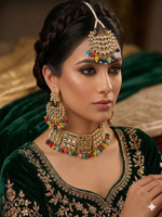 Gold Plated Kundan Studded Choker Necklace Earrings & Maang Tikka Set