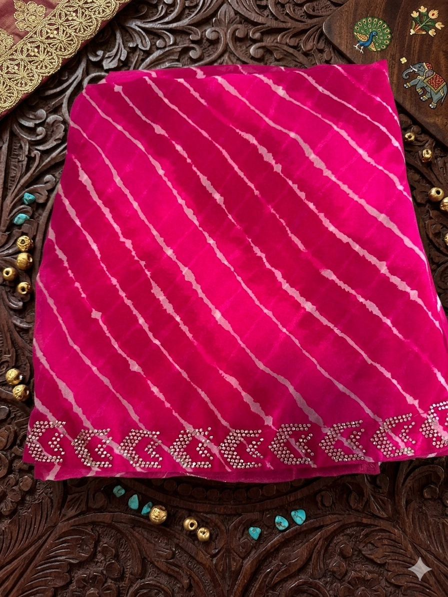 Leheriya Printed Georgette Saree with Jharkan Diamond stone In Pink With Unstitched Blouse