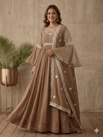 Brown Faux Georgette Anarkali Gown With Foil Embroidery Work