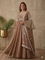 Brown Faux Georgette Anarkali Gown With Foil Embroidery Work
