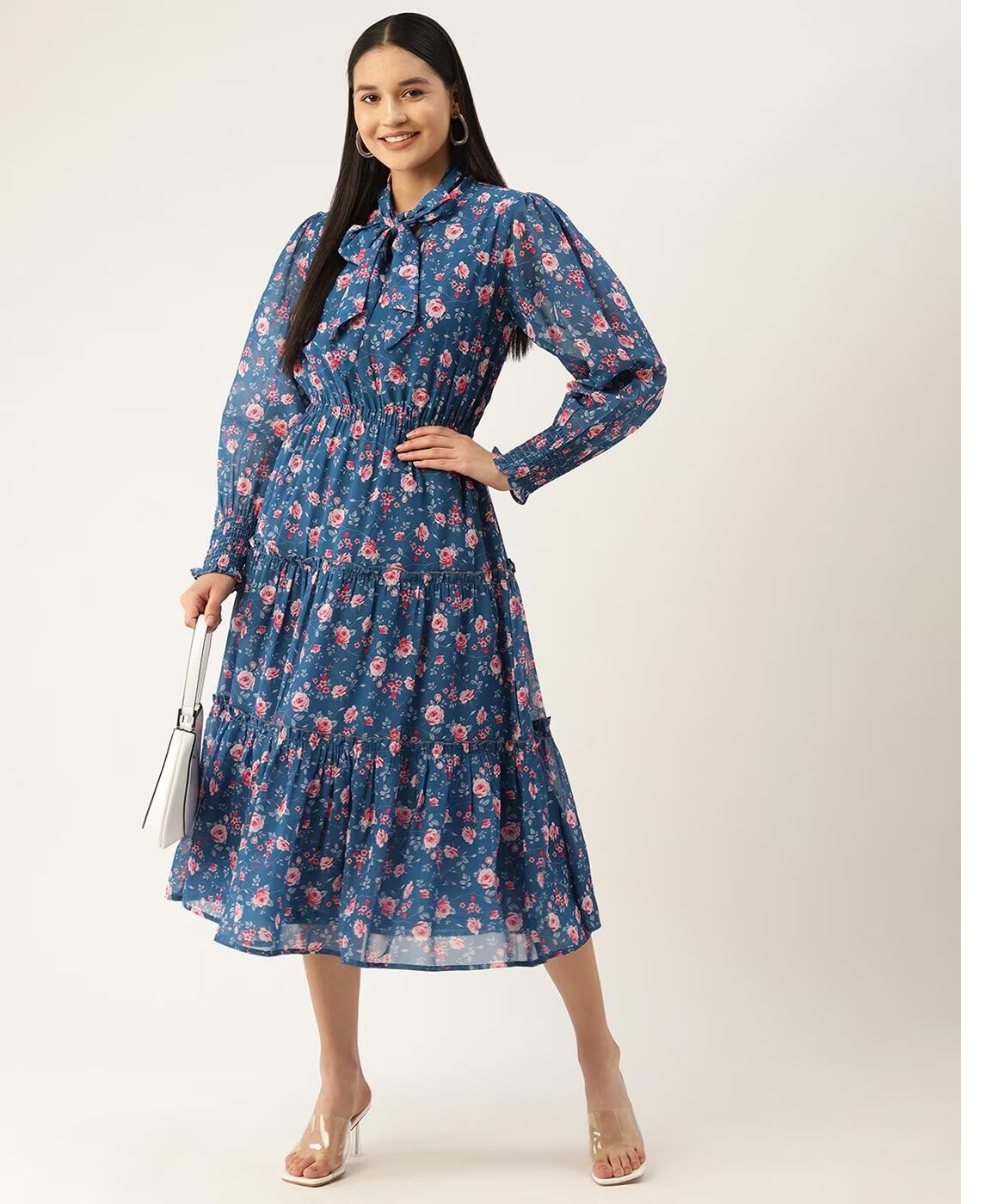 Blue Floral Printed Smocked Detailed Tiered Georgette Fit & Flare Dress in Berlin