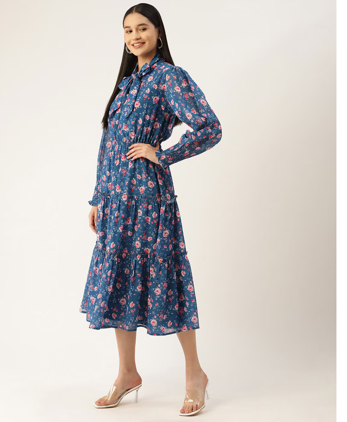 Blue Floral Printed Smocked Detailed Tiered Georgette Fit & Flare Dress in Berlin