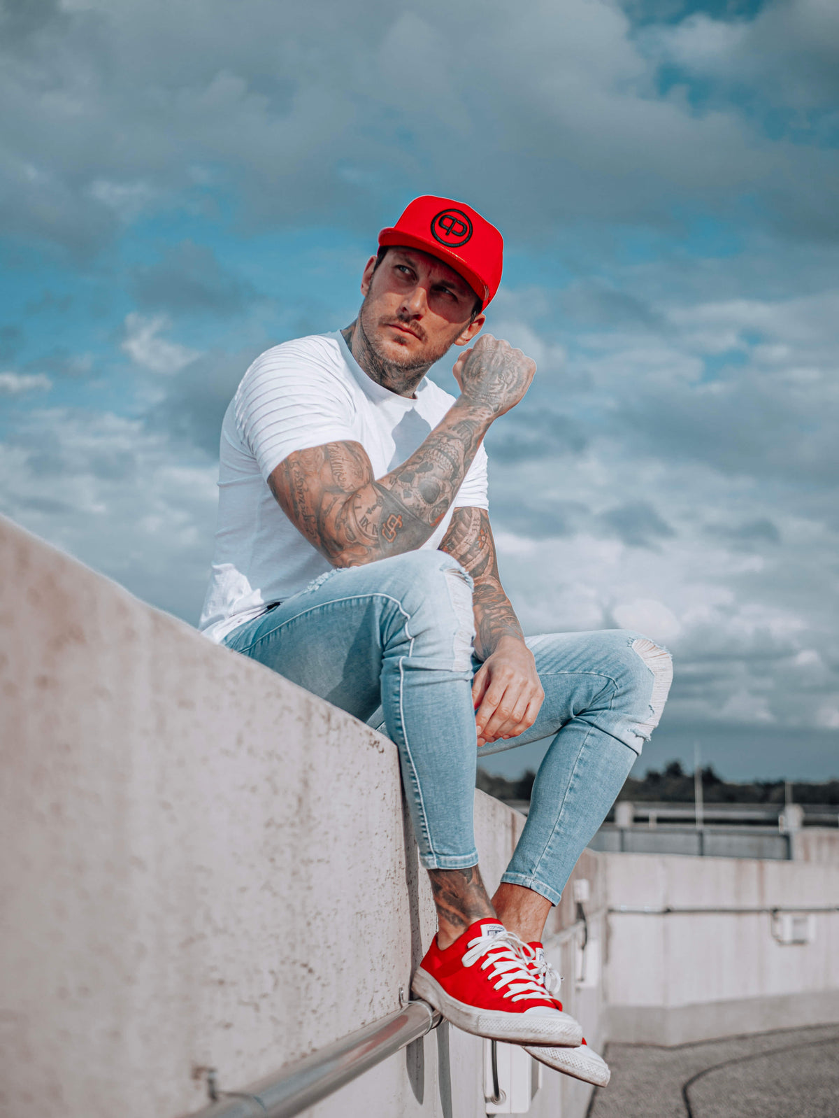 Snapback Cap - Red Leather & Black