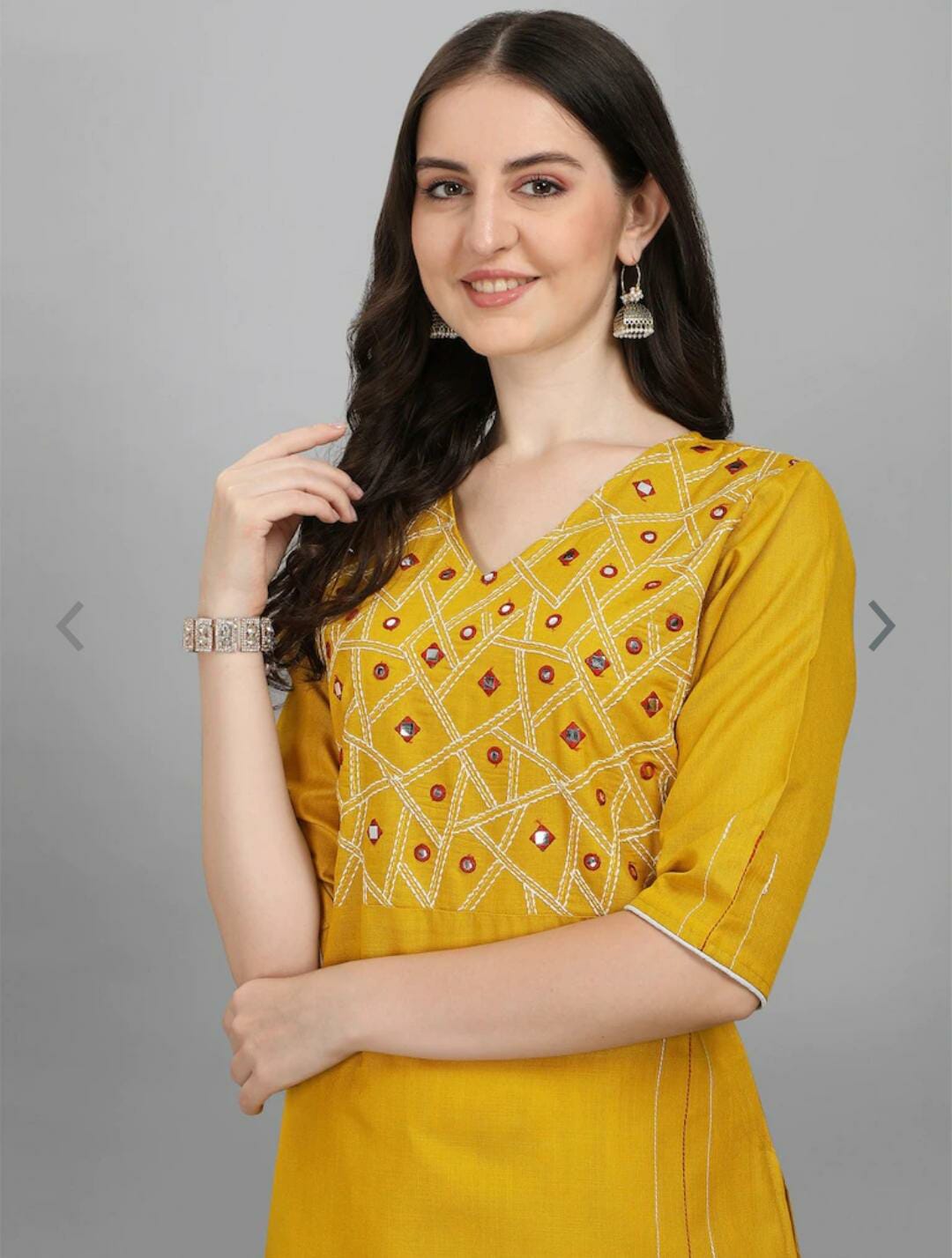 Mustard Yellow Mirror Work Kurta With Trousers(Indian Outfit)