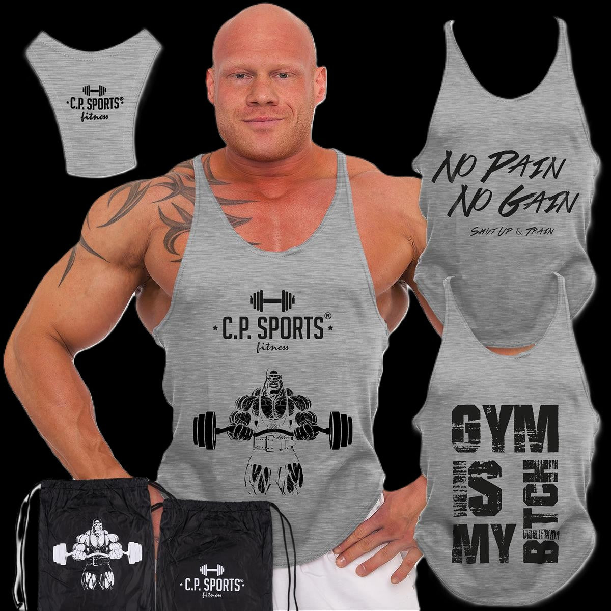 Tank Top 3xStück / Oder Einzeln +Turnbeutel - Grau - C.P. Sports - S710