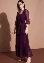 Square Neck Puff Sleeves Tiered Ruffled Georgette Maxi Dress in Berlin