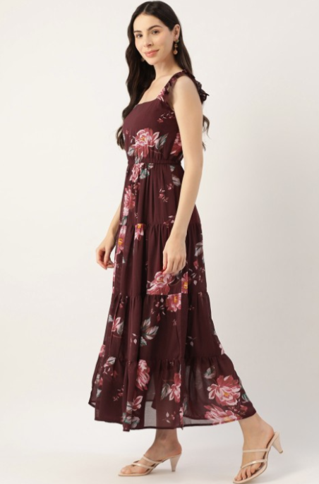 Maroon Floral Georgette A-Line Maxi Dress in Munich