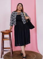 WOMEN'S PLUS SIZE GEOMETRIC PRINT DRESS WITH SHRUG IN MUNICH